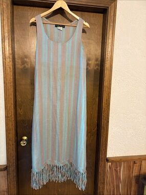 Harve  Bernard Linen Blue & Taupe Striped Fringe Maxi Dress